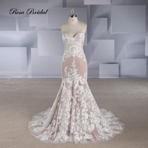 Rosabridal Mermaid Wedding Dress 2019 Lovely Candy Color Backless Strapless nude tulle lace applique sexy Trumpet bridal gown
