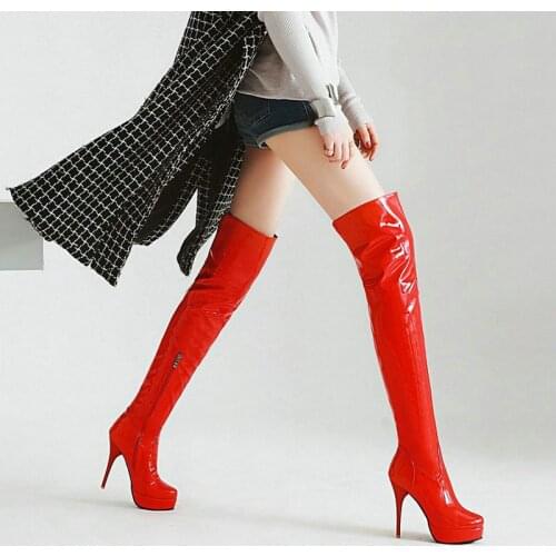2020 Patent PU Leather Women Over the Knee Boots Fashion Platform Thin Heel Women Boots Sexy Party Women Long Boots Plus Size 43