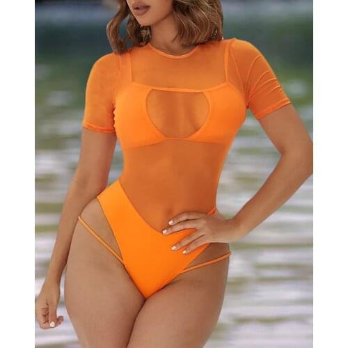 2021 Beachwear Sheer Mesh Cutout Two Piece Swimsuit With Lining Swimwear Women Summer Sexy Bikini Covers Up