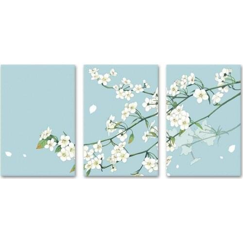 3 Panel Canvas Wall Art - Small White Flowers on Light Blue Green Background Print on Canvas Ready to Hang Drop shipping