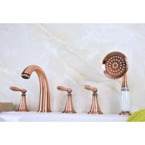 Antique Red Copper Brass Deck 5 Holes Bathtub Mixer Faucet Handheld Shower Widespread Bathroom Faucet Set Basin Water Tap atf201