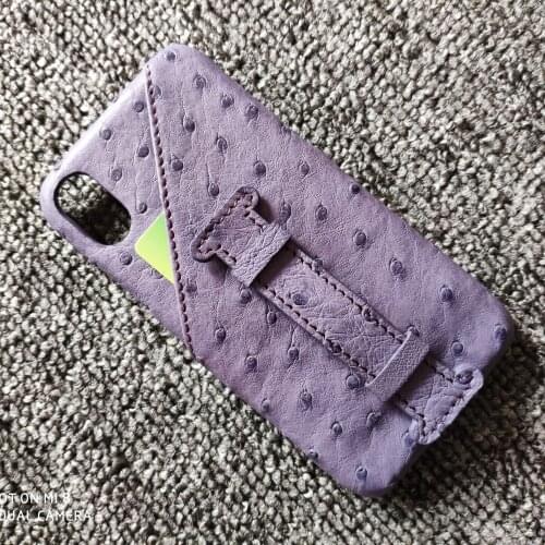 For iPhone XR XS 11 Pro MAX Genuine Leather Real Natural Ostrich Skin Cover Phone Case For iPhone X Card Pocket + Finger Holder