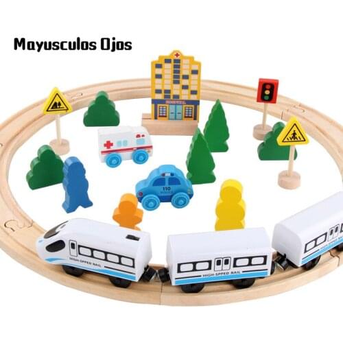 Wooden Childrens Three Electric Pine Train Traffic Scene Combination Train Track Wooden DIY Assembly Toys