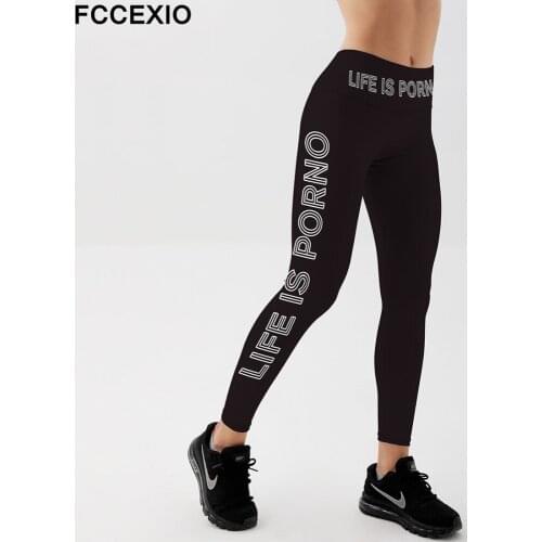 FCCEXIO 2021 New Women Leggings Life is Poron Letter Printed Push Up Fitness Legging Slim High Waist Black Leggins Workout Pants