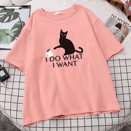 Black Cat I Do What I Want Letter Print Womans T-Shirts Retro Soft Clothes Vintage Home Tshirt Loose Oversize Female Tshirts
