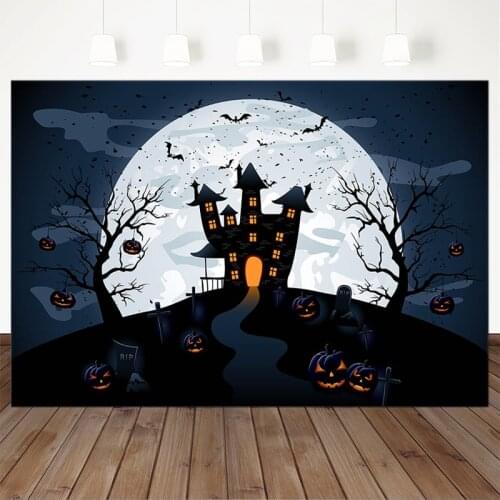 Halloween Photo Background For Photography Pumpkin Lantern Tree Grave Bat Backdrop Big Moon Haunted House Backdrop For Halloween