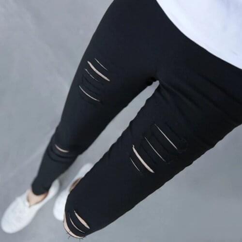 Hirigin 2017 Women Long Pants Women Pants Hole Solid Color Street Style Outwear Full Lingth High Waist Outwear Plus Size S-3XL