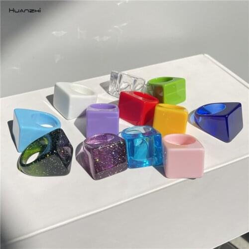 HUANZHI 2021 New Transparent Square Acrylic Rings Geometric Colorful Resin Ring Summer for Women Girls Travel Jewelry Gifts