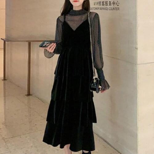 Korean 2021 Autumn Chic Elegant Dress Women Evening Party Lace Black Designer Dress Female Casual Gothic Sexy One Piece Dresses