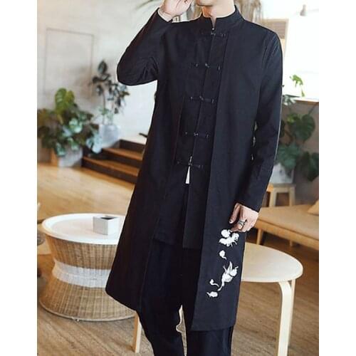 Black embroidery crane spring&autumn male tang suit cotton&linen martial arts suits robe wing chun clothing men kung fu gown