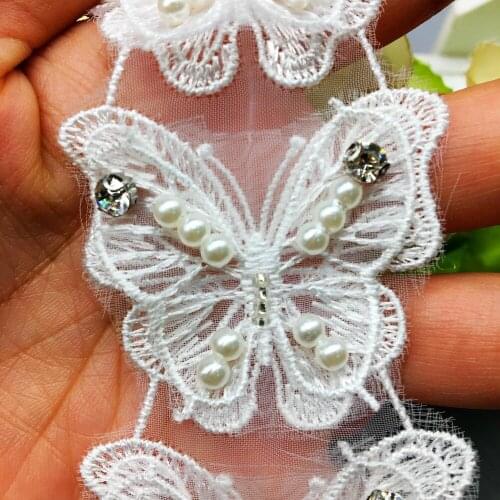 20X Butterflies 3D Diamond Pearl Lace Trim Chiffon Ribbon Fabric Wedding Dress Embroidered Applique Bridal Sewing Craft