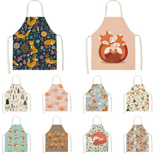 Kitchen Women Apron Cartoons Fox Printed Linen Adult Childs leeveless Aprons 65x53cm Waterproof Home Cleaning Tools