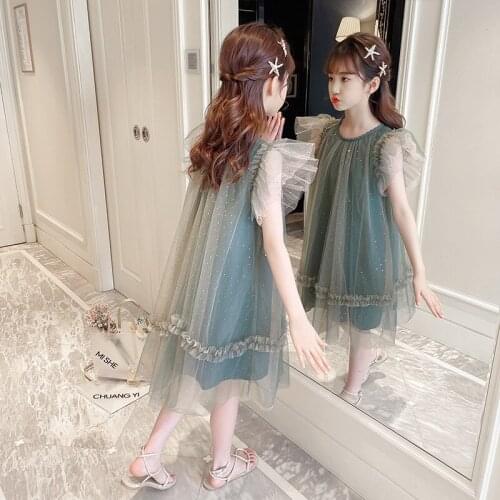 Girls flying sleeve dress summer dress new girl breathable yarn skirt summer big girl princess skirt