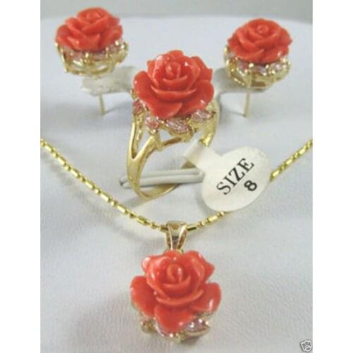 Hot sell new - New tibet Rose coral flower Pendant Earring Ring set + Chain AAA style 100% Natural stone Noble Fine jewe
