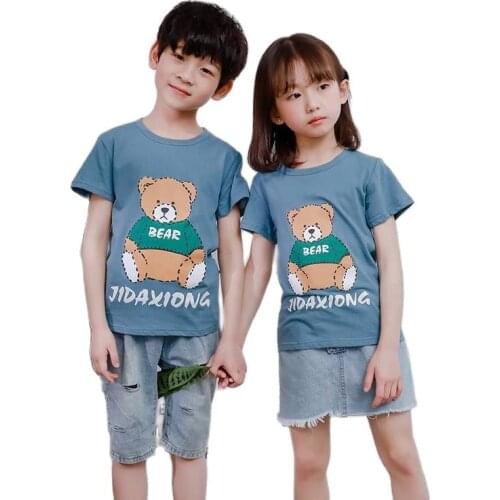 Top Quality 100% Cotton Short-sleeve T-shirts Kids Summer Clothes Boys Girls Printing Tees Cartoon Bear Design Regular O-Neck