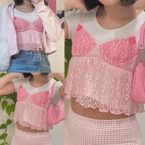 Pink Mesh Transparent Crop Tops Women Summer Ruffles Lace Sleeveless Cami Tops Tees Sexy Milkmaid Top Streetwear