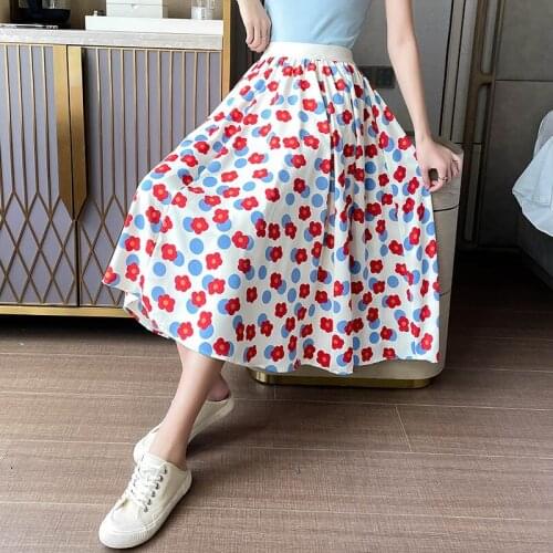 Zoki Print Floral Women Long Skirt A Line Fashion Elastic High Waist Lined Korean Cute Ladies Skirts Casual Summer Faldas Mujer