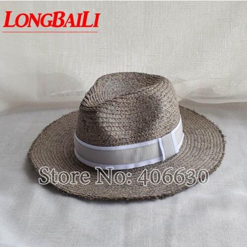 LongBaiLi Summer Casual 56cm Headsize Wide Brim Raffia Straw Fedoras Womens Sun Beach Hat Grey Color SWDS061