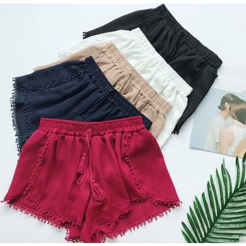 Chiffon Wide Lage Tassel Sashes Solid Lady Shorts 2020 Summer Cute Sweet Kawaii Women Shirt Korean Fashion Feminine Women Bottom