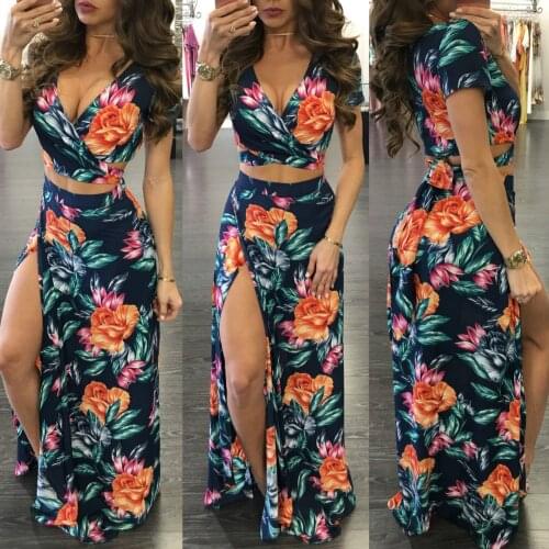 2021 New Print Floral Dress Two-Piece Set Lady Sexy V Neck Hollow Out Crop Top And Split Long Skirts 2 Piece Sets Women Clothing