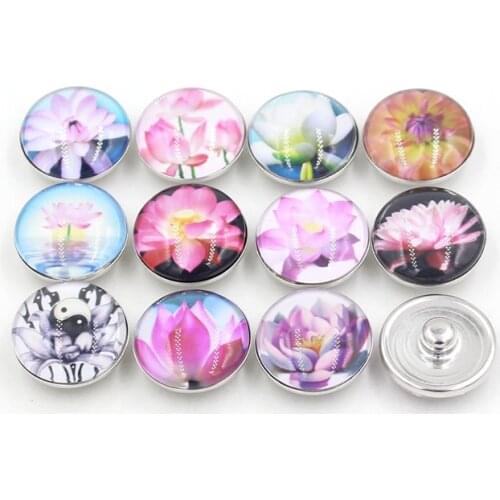 24pcs Interchangeable Snap Jewelry DIY Cabochon Printed 18mm Lotus Flower Button for women Bracelet Necklace Bijoux