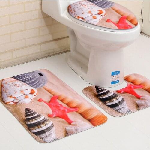 Shell Stone Printed 3PCS Bathroom Bath Mats Toilet Seat Cover Set Soft WC Toilet Cushion Floor Cartpet Pedestal Bath Rugs