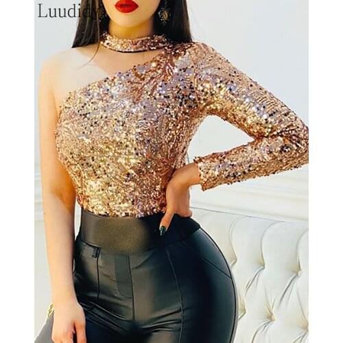 Women Fashion Elegant One Shoulder Sequins Bodysuit Glitter Long Sleeve Party Top