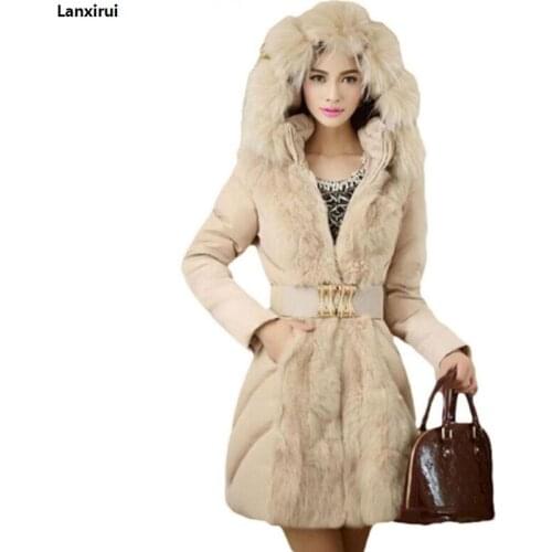 Brand Fashion Women Elegant Winter Warm Down Jacket Parka Fur Ladies Slim Hoodies Long Cheap Coat Belt Manteau Femme