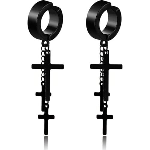 1 Piece Vintage Stainless Steel Painless Ear Clip Fake Earrings for Men/Women Punk Gothic Black Cross Drop Dangle Long Earrings