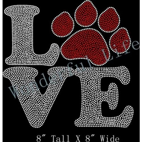 Wonderful Love Dog Puppy Paw Print Rhinestone Iron On Transfer Hot Fix Bling