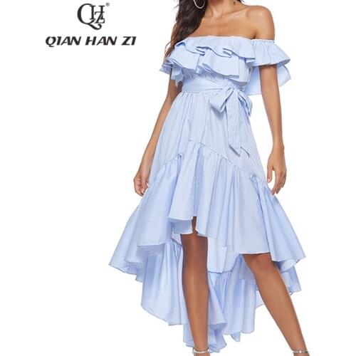 Qian Han Zi designer fashion runway Summer Slash neck sexy dress Women elegant ruffled dovetail belt slim party midi dress