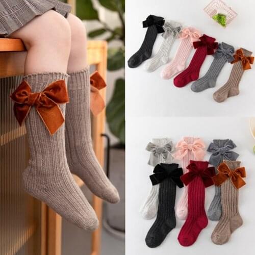 Kids Girls Chunky Ribbed Knit Knee High Socks Solid Cute Velvet Bow Stockings