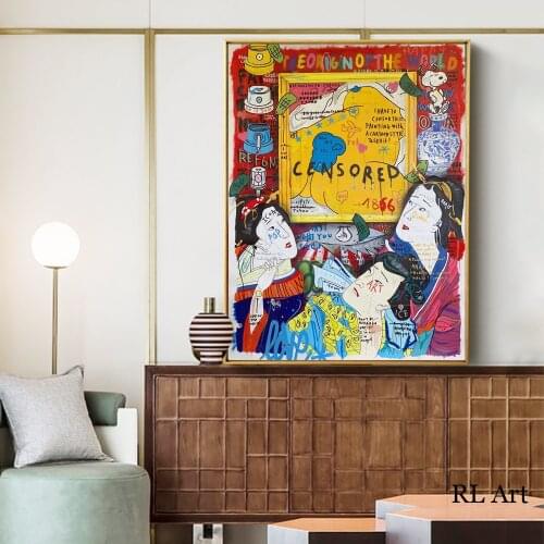 Graffiti Pop Art Posters and Prints Wall Canvas Portrait Painting Japanese Woman in Kimono Picture for Living Room Home Decor