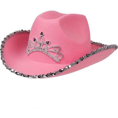Western Style Sequins Tiara Cowgirl Hat Women Pink Wide Brim Cowboy Cap Holiday Cosplay Party Hats summer sun hats gorras