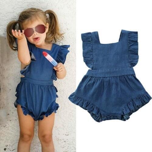 0-24M Toddler Kids Baby Girls Ruffle Bodysuits Clothes Ruffles Short Sleeve Denim Blue Jumpsuit Summer Outfits