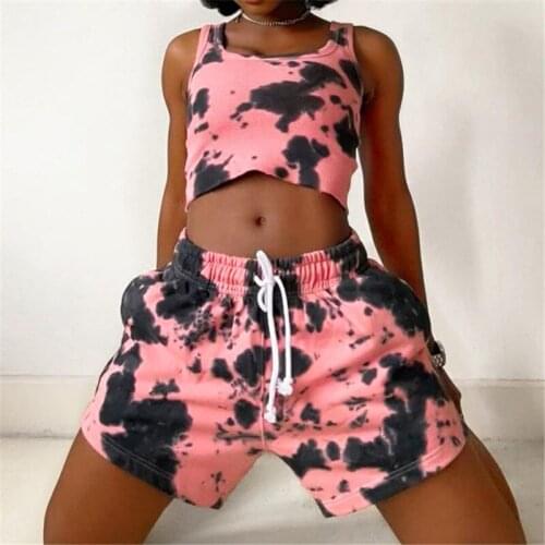 Summer Hot Fashion Sportwear Camouflage Tie-dye Print Two Piece Set Sleeveless Tank Top+Elastic Lace Up Shorts Workout Tracksuit