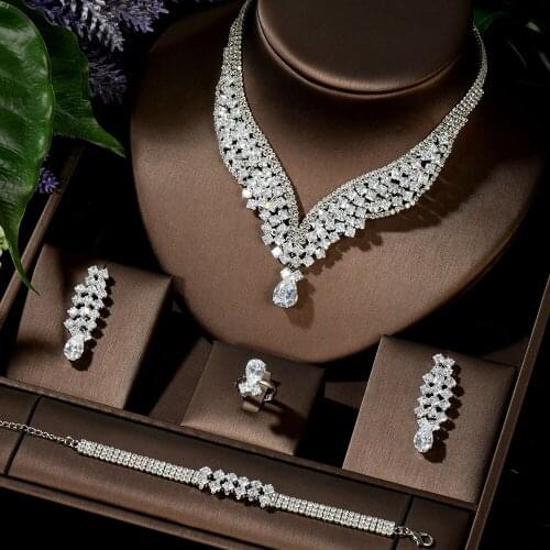HIBRIDE Sparking Waterdrop Shape Jewelry Set Newest Fashion Cubic Zircon 4pcs Wedding Set For Women Lady Party Jewelry N-1434