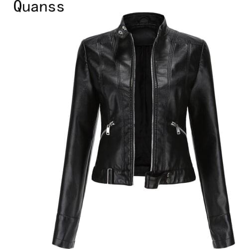 Quanss 2021 New Spring Autumn Clothes Womens Pu Faux Leahter Short Jacket Coat Fashion Slim Street Moto Biker Black Outwear