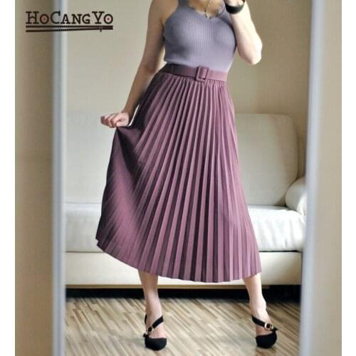 Summer Women High Waist Skirt Casual Vintage Solid Sashes Pleated Midi Skirts Lady Fashion Chiffon Skirt Faldas Mujer Moda 2020