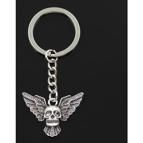 Fashion 30mm Key Ring Metal Key Chain Keychain Jewelry Antique Silver Color Plated Fly Skull Bat 34x25mm Pendant