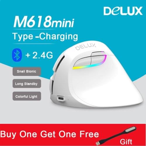 Delux M618 Mini Bluetooth 4.0 + 2.4G Wireless Mouse Ergonomic Vertical Mouse Rechargeable USB Optical Computer Silent Mice