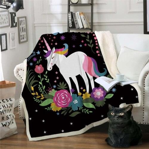 New Unicorn Cartoon Throw Blanket for Kids Flowers Bedspread Rainbow Hair Sherpa Plush Bed Blanket Stars Moon Bedding