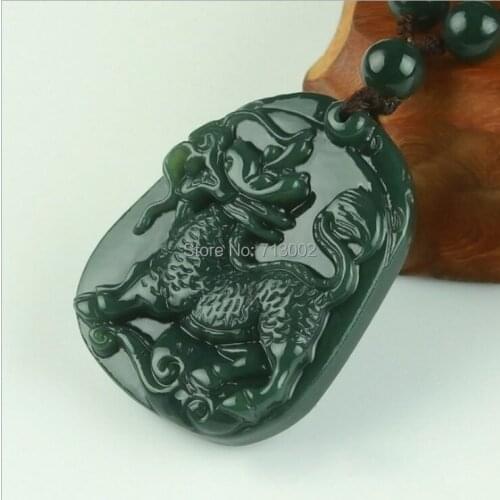 Nature Bottle Green jade Carven kylin Beast Pendant Necklace Sapphire Amulet Lucky TALISMAN