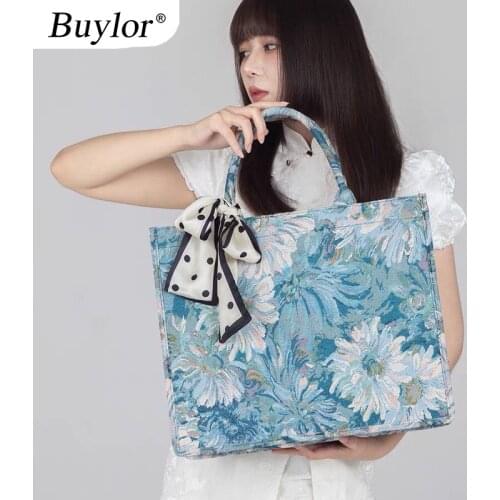 Buylor Luxury Designer Handbags Shoulder Bag Women Soft Canvas Casual Tote Bag Embroidery Crossbody Bags Silk Scarf with Pearls