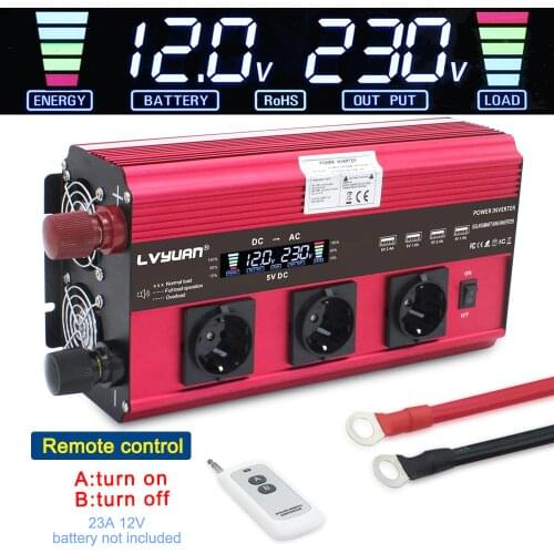 12000W Peak LCD EU Socket Modified sine wave 12V DC to 220V- 240V 3 AC Socket 4 USB with wireless remote control power inverter