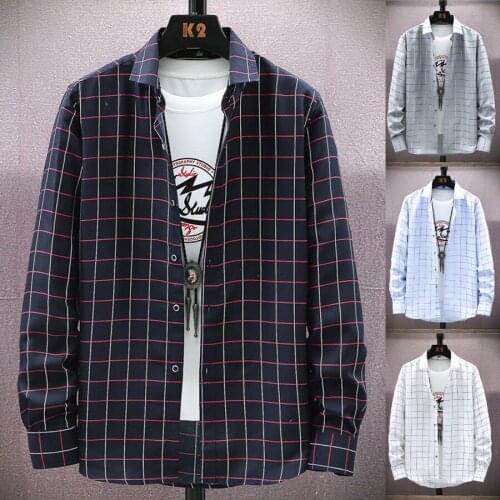 2021 Luxury Autumn Spring Mens Lapel Plaid Casual Shirts Long Sleeve Male Business Leisure Grid Wedding Button-down Dress Shirts