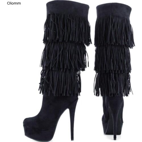 Olomm Women Platform Knee High Boots Fringe Thin High Heels Boots Round Toe Elegant Black Party Shoes Women Plus US Size 5-15