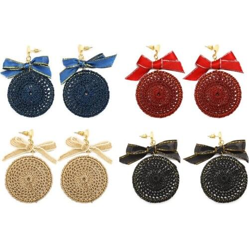 Blue Beige Black Red Strings Plaited Round Pendant Thread Ribbon Bowknot Women Dangle Earrings Drop Earrings