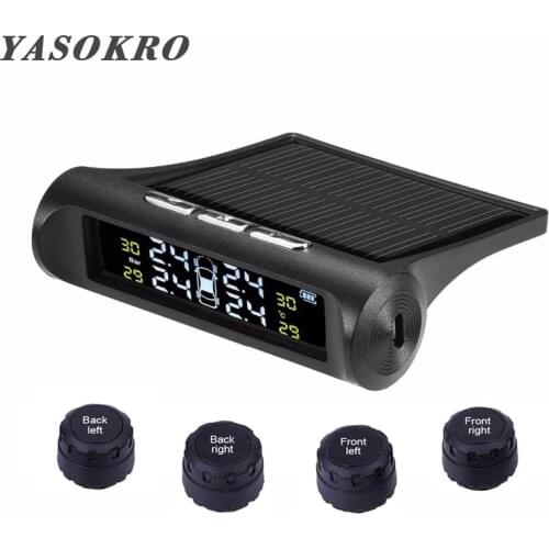 YASOKO TPMS Car Tire Pressure Alarm Monitor System LCD Display 4 External Sensor Temperature & pressure monitor Solar powered