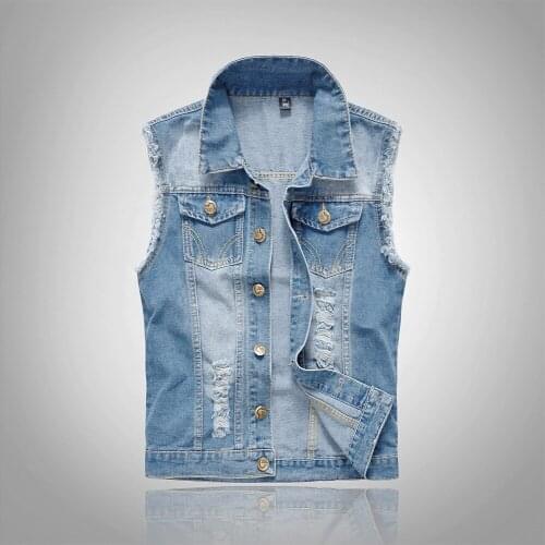 Light Blue Mens Jeans Vest Mens Ripped Vest Jacket Denim Vests Men Retro Sleeveless Slim Fit Male Jeans Tank Top Plus Size